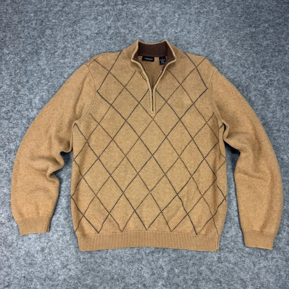 Van Heusen Mens Large‎ Brown Argyle 1/4 Zip Pullover Cotton Knit Sweater Large